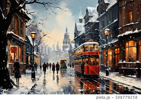 Winter Cityscape with Vintage Tram and Snowy Streets. AI generation Winter Cityscape with Vintage Tram and Snowy Streets. AI generation 108779258