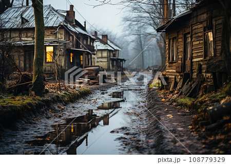 Rustic Village Lane with Dilapidated Houses and Reflective Puddles. AI generation 108779329