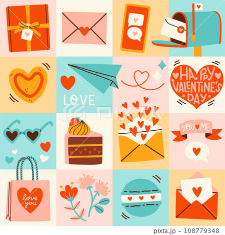 Happy Valentines day geometric pattern for greeting cards, posters, wrapping, pack paper. Modern love design  Happy Valentines day geometric pattern for greeting cards, posters, wrapping, pack paper. Modern love design  108779348
