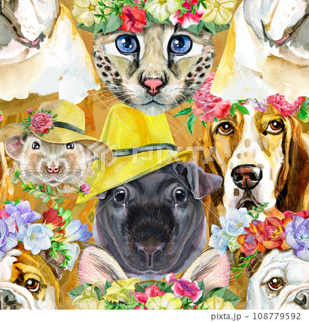 Seamless pattern of of dog, guinea pig, cat, mini pig and rat. Watercolor pets illustration. Watercolor hand drawn illustration Seamless pattern of of dog, guinea pig, cat, mini pig and rat. Watercolor pets illustration. Watercolor hand drawn illustration 108779592