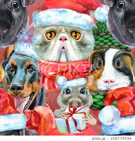 Seamless pattern of of dog, guinea pig, cat, mini pig and rat. Watercolor pets illustration. Watercolor hand drawn illustration Seamless pattern of of dog, guinea pig, cat, mini pig and rat. Watercolor pets illustration. Watercolor hand drawn illustration 108779594
