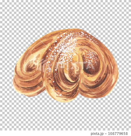 Sweet bun with sugar , freshly baked french homemade roll, puff pastry buns, isolated, hand drawn watercolor illustration on white background. Sweet bun with sugar , freshly baked french homemade roll, puff pastry buns, isolated, hand drawn watercolor illustration on white background. 108779658