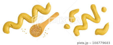 Mustard sauce isolated on white background. Top view. Flat lay 108779683