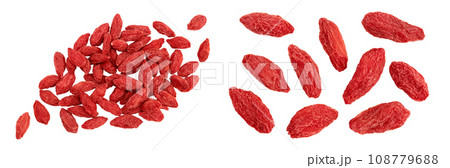 Dried goji berries isolated on white background. Top view. Flat lay. Dried goji berries isolated on white background. Top view. Flat lay. 108779688
