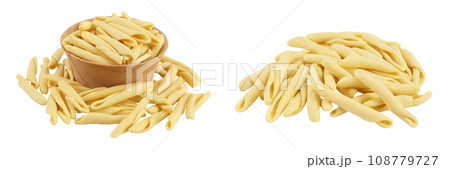 Typical Calabrian pasta called Maccheroncini or Maccheroni in wooden bowl isolated on white background with  full depth of field. 108779727