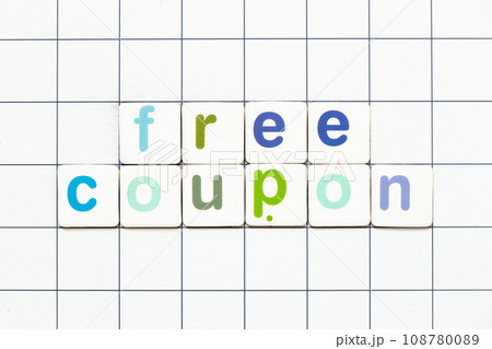 Colorful tile letter in word free coupon on white grid background 108780089
