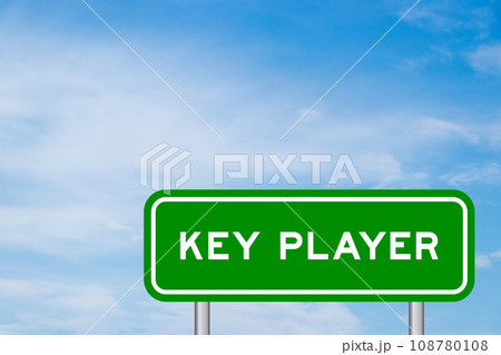 Green color transportation sign with word key player on blue sky with white cloud background Green color transportation sign with word key player on blue sky with white cloud background 108780108