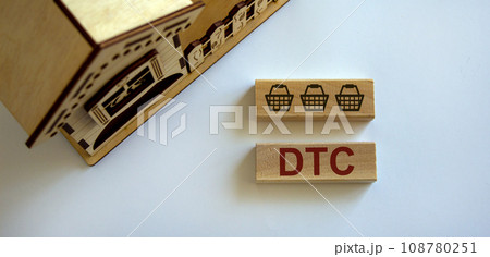Wooden block form the word 'DTC' and food basket icon near miniature house. Beautiful white background, copy space. Home delivery concept. 108780251