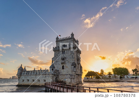 Lisbon Portugal, sunset city skyline at Belem Tower 108780378
