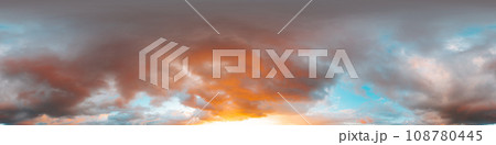 Dramatic sunset sky panorama with bright glowing red pink Cumulus clouds. HDR 360 seamless spherical panorama. Sky dome in 3D, sky replacement for aerial drone panoramas. Weather and climate change. Dramatic sunset sky panorama with bright glowing red pink Cumulus clouds. HDR 360 seamless spherical panorama. Sky dome in 3D, sky replacement for aerial drone panoramas. Weather and climate change. 108780445