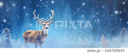 Christmas deer in the snowy forest. cute deer illustration, cool colors. wild nature. 108780945
