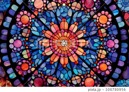 色彩豊かな花模様のステンドグラス - 幾何学的美の輝き AI画像 色彩豊かな花模様のステンドグラス - 幾何学的美の輝き AI画像 108780956
