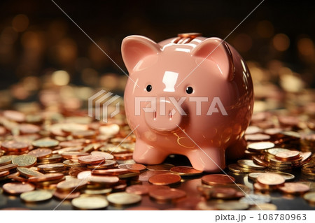 金融の基本 - 貯金を促すピンクの貯金箱と輝くコイン AI画像 金融の基本 - 貯金を促すピンクの貯金箱と輝くコイン AI画像 108780963