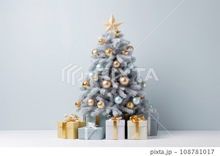 Lots of gifts around a decorated Christmas tree. New Year's background in Scandinavian style, Christmas tree decorations. copy space. 108781017