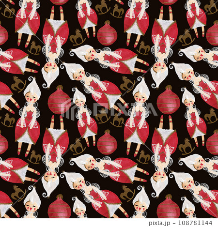 Nutcracker and nuts. Seamless watercolor pattern for New Year and Christmas wrapping paper. Vintage style gifts for children under the Christmas tree. 108781144