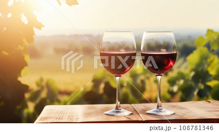 wine glass with red wine on a wooden table overlooking a vineyard in clear weather. raw materials for making wine. copy space. wine glass with red wine on a wooden table overlooking a vineyard in clear weather. raw materials for making wine. copy space. 108781346