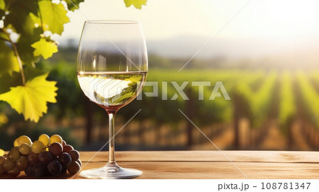 one glass of white wine on a wooden table in clear weather overlooking the vineyards. wine production. alcoholic drink. copy space. 108781347