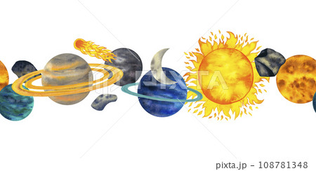 Watercolor space seamless border with planets of the solar system mercury, venus, earth, mars, jupiter, saturn, uranus, neptune, luna, comet, asteroid, stars. Background with cartoon planet and the Watercolor space seamless border with planets of the solar system mercury, venus, earth, mars, jupiter, saturn, uranus, neptune, luna, comet, asteroid, stars. Background with cartoon planet and the 108781348
