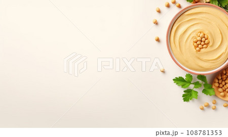 bowl of hummus on a white background, top view. vegetarian homemade snack. Arabic food. bowl of hummus on a white background, top view. vegetarian homemade snack. Arabic food. 108781353