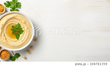 bowl of hummus on a white background, top view. vegetarian homemade snack. Arabic food. 108781359