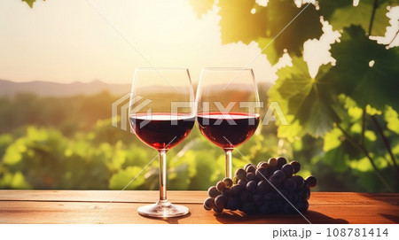 wine glass with red wine on a wooden table overlooking a vineyard in clear weather. raw materials for making wine. copy space. 108781414