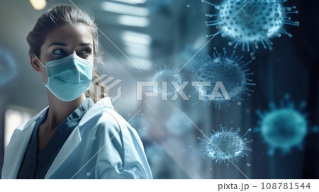 Coronavirus - girl doctor wearing a mask to protect bacteria, a virus flies in the air, blue background 108781544