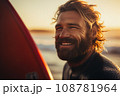 close up face of man smiling with his surfboard at the sea bokeh style background with Generative AI 108781964