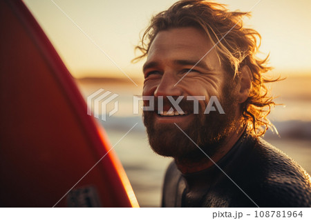 close up face of man smiling with his surfboard at the sea bokeh style background with Generative AI 108781964