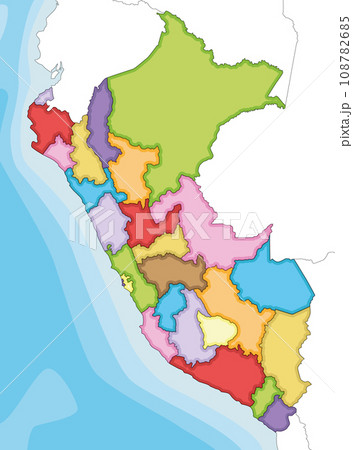Vector illustrated blank map of Peru with departments, provinces and administrative divisions, and neighbouring countries. Editable and clearly labeled layers. 108782685