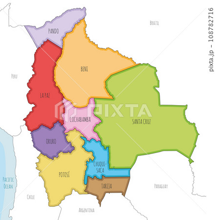 Vector illustrated map of Bolivia with departments and administrative divisions, and neighbouring countries. Editable and clearly labeled layers. 108782716