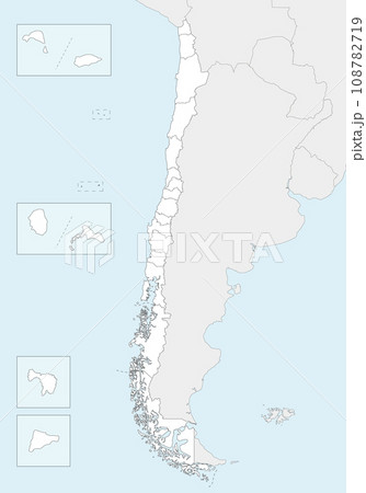 Vector blank map of Chile with regions and territories and administrative divisions, and neighbouring countries and territories. Editable and clearly labeled layers. Vector blank map of Chile with regions and territories and administrative divisions, and neighbouring countries and territories. Editable and clearly labeled layers. 108782719