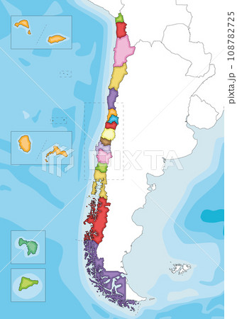Vector illustrated blank map of Chile with regions and territories and administrative divisions, and neighbouring countries and territories. Editable and clearly labeled layers. Vector illustrated blank map of Chile with regions and territories and administrative divisions, and neighbouring countries and territories. Editable and clearly labeled layers. 108782725