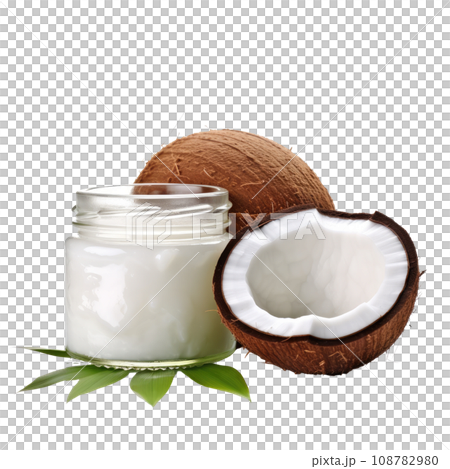 Virgin Coconut Oil in Glass Jar with Wooden Lid Virgin Coconut Oil in Glass Jar with Wooden Lid 108782980