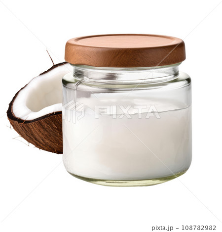 Virgin Coconut Oil in Glass Jar with Wooden Lid 108782982