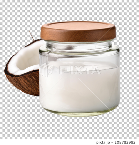 Virgin Coconut Oil in Glass Jar with Wooden Lid 108782982