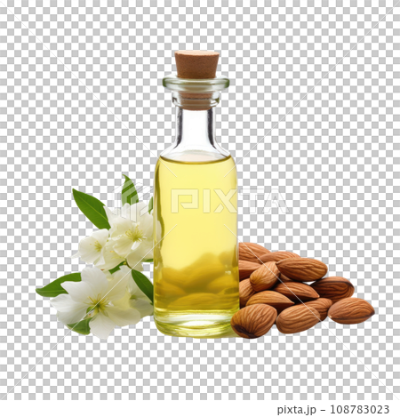 Organic Almond Oil Bottle and Nuts 108783023