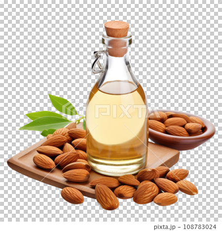 Organic Almond Oil Bottle and Nuts 108783024