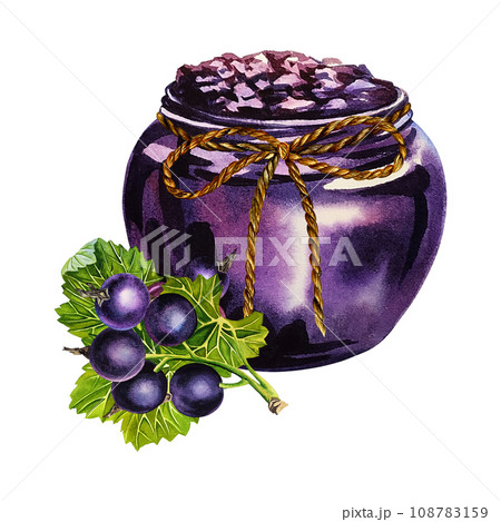 A jar of blackcurrant jam. Watercolor illustration drawn by hand. Isolate. For labels, packaging and banners. For textiles, prints and stickers. For menus, invitation cards. 108783159