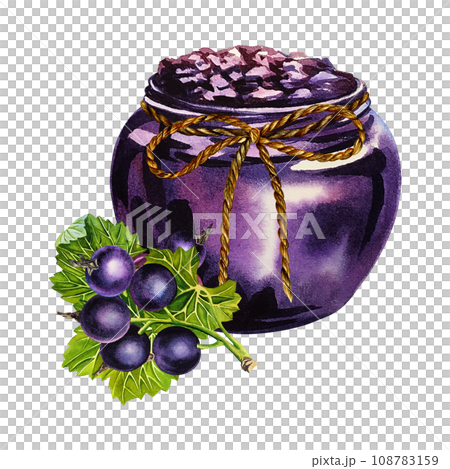 A jar of blackcurrant jam. Watercolor illustration drawn by hand. Isolate. For labels, packaging and banners. For textiles, prints and stickers. For menus, invitation cards. 108783159