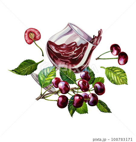 A glass of cherry juice. Ripe and juicy cherries. A hand-drawn watercolor illustration. For the design of labels, packaging and banners. For textiles, prints and stickers. For menus, invitation cards. A glass of cherry juice. Ripe and juicy cherries. A hand-drawn watercolor illustration. For the design of labels, packaging and banners. For textiles, prints and stickers. For menus, invitation cards. 108783171
