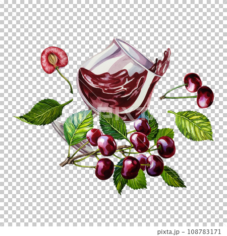 A glass of cherry juice. Ripe and juicy cherries. A hand-drawn watercolor illustration. For the design of labels, packaging and banners. For textiles, prints and stickers. For menus, invitation cards. A glass of cherry juice. Ripe and juicy cherries. A hand-drawn watercolor illustration. For the design of labels, packaging and banners. For textiles, prints and stickers. For menus, invitation cards. 108783171