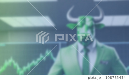 horizontal illustration 3d image of an anthropomorphic green bull wearing a business suit, bull run horizontal illustration 3d image of an anthropomorphic green bull wearing a business suit, bull run 108783454
