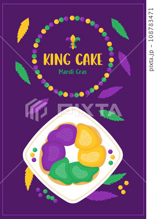 Traditional festive King Cake on plate top view. Mardi Gras carnival. Holiday Fat Tuesday. Vector vertical illustration in cartoon style Traditional festive King Cake on plate top view. Mardi Gras carnival. Holiday Fat Tuesday. Vector vertical illustration in cartoon style 108783471