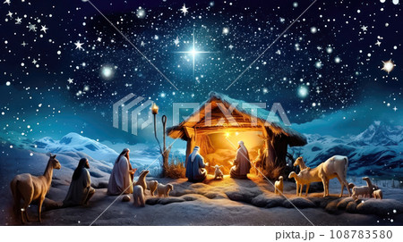 Nativity Scene Cartoon Illustration - Generative AI 108783580