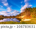 Autumn river landscape. Sunset colorful forest on riverbank. Spruce trees on shore. Beautiful fall calm nature scenery. White clouds on November deep blue sky. Wood on hill. 108783631