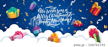 Christmas paper cut banner with presents and confetti. 3d vector cloudscape with papercut layered effect clouds, festive gift boxes and lettering. Decorative holiday background with greeting wishes Christmas paper cut banner with presents and confetti. 3d vector cloudscape with papercut layered effect clouds, festive gift boxes and lettering. Decorative holiday background with greeting wishes 108783745