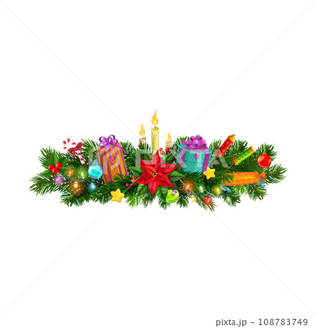 Christmas fir pine branch border. Christmas festive, happy New Year or merry Xmas celebration vector border. Winter holiday decoration background with poinsettia flower, gifts, candle and fireworks 108783749