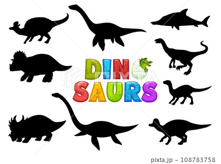 Cartoon dinosaurs cute characters silhouettes. Extinct animal, prehistoric lizard comical vector personage. Plesiosaurus, Centrosaurus, Elasmosaurus and Plateosaurus, Jaxartosaurus, Raptor cute mascot Cartoon dinosaurs cute characters silhouettes. Extinct animal, prehistoric lizard comical vector personage. Plesiosaurus, Centrosaurus, Elasmosaurus and Plateosaurus, Jaxartosaurus, Raptor cute mascot 108783758