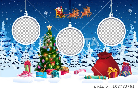 Christmas winter forest landscape with paper cut baubles and decorated pine tree. 3d vector round toy frame templates. Holiday greeting card with snowy winter wood, Santa flying on sleigh and gifts Christmas winter forest landscape with paper cut baubles and decorated pine tree. 3d vector round toy frame templates. Holiday greeting card with snowy winter wood, Santa flying on sleigh and gifts 108783761