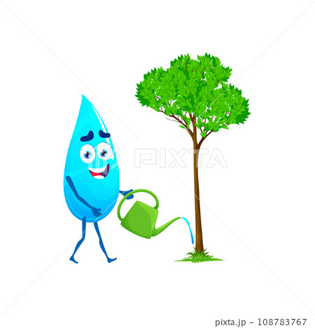 Cartoon happy water drop character watering tree, vector icon with cute mascot face. Blue water drop with smile and watering can for tree plant grow, funny raindrop or droplet character 108783767